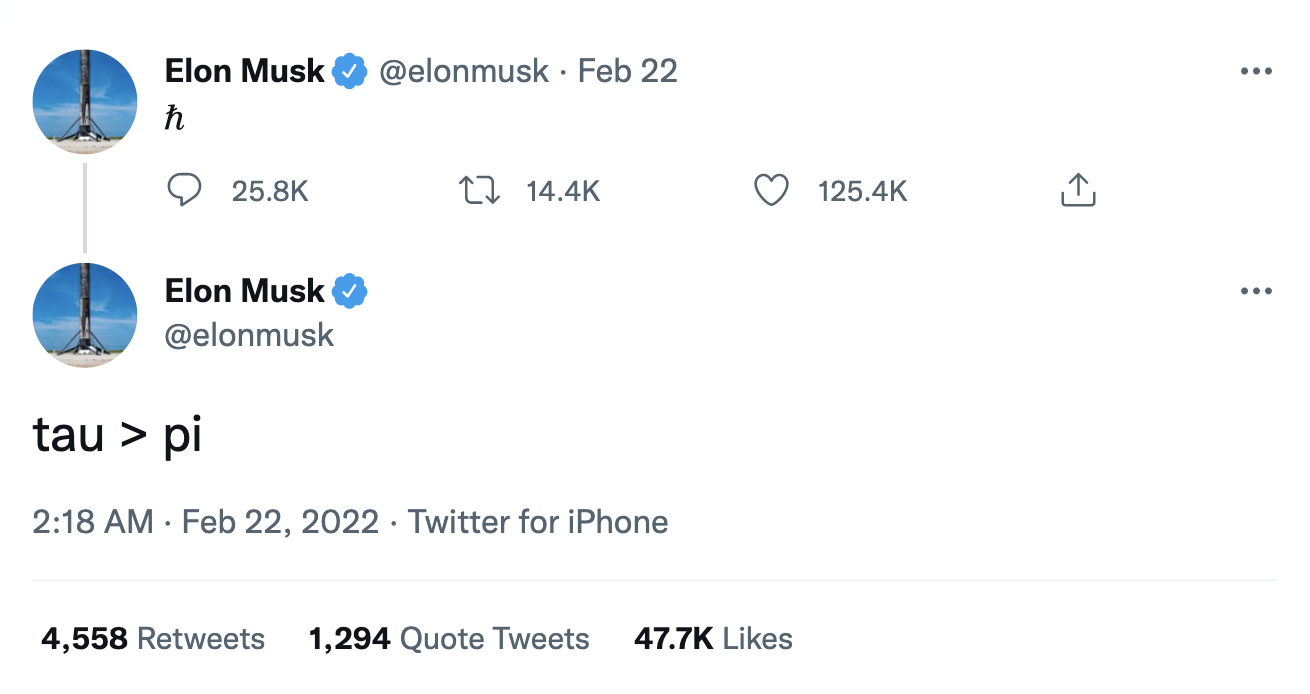 Elon Musk tweets 'tau &gt; pi'